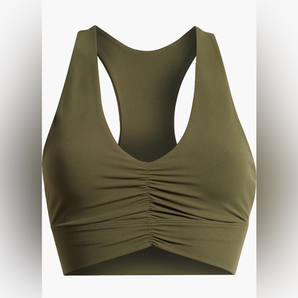 ZELLA Studio Luxe Ballet Longline Sports Bra w/ Subtle Ruching, Olive Night (M)